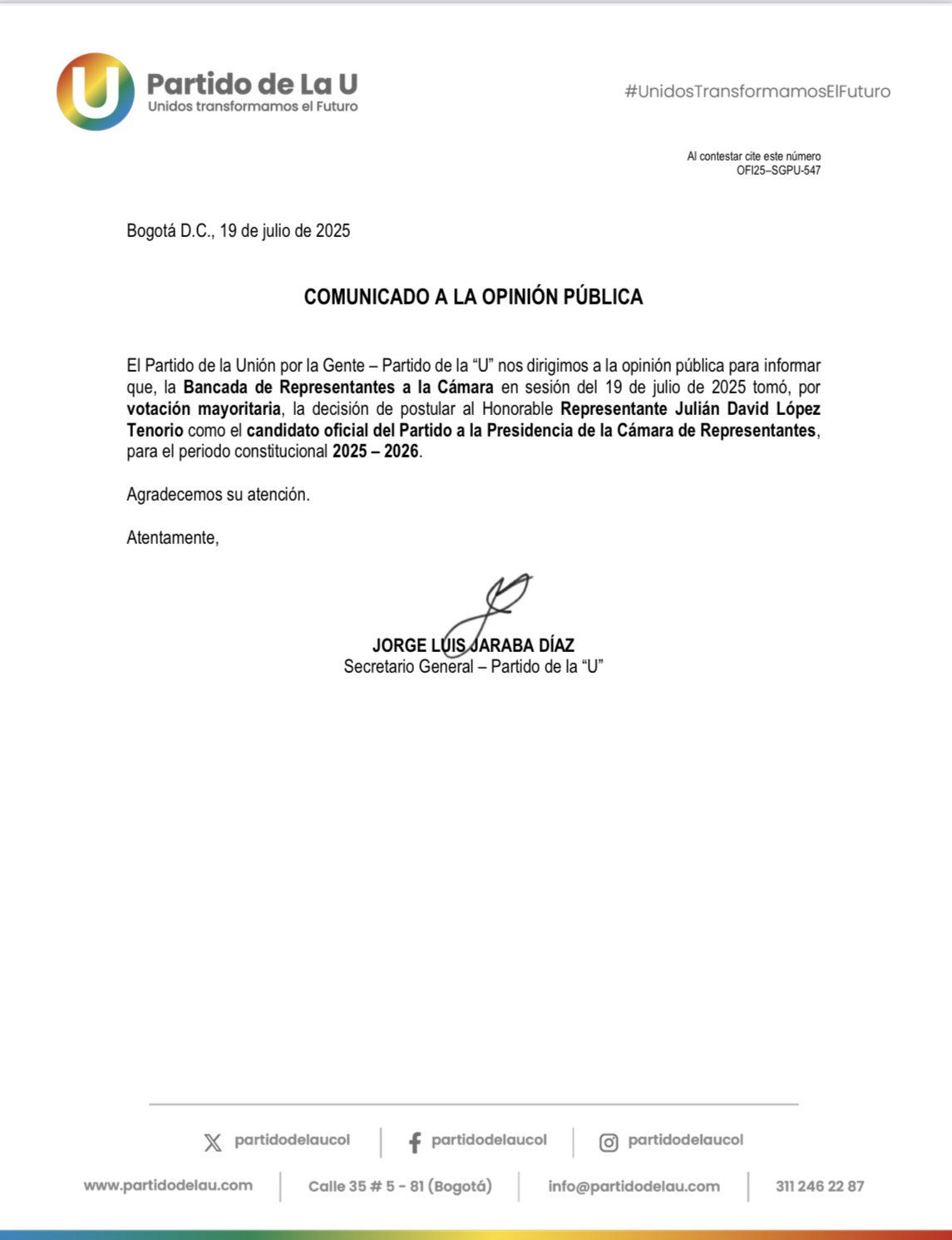 Comunicado a la opinión pública | 19 de julio de 2025