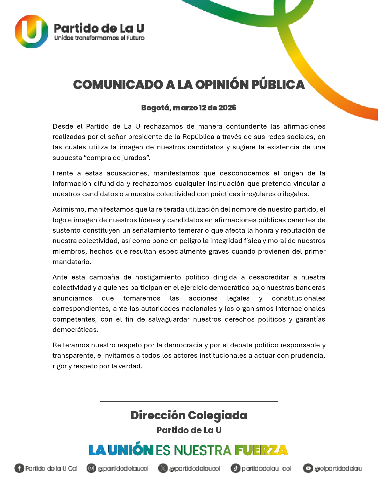 Comunicado a la Opinión Pública | Marzo 12 de 2026