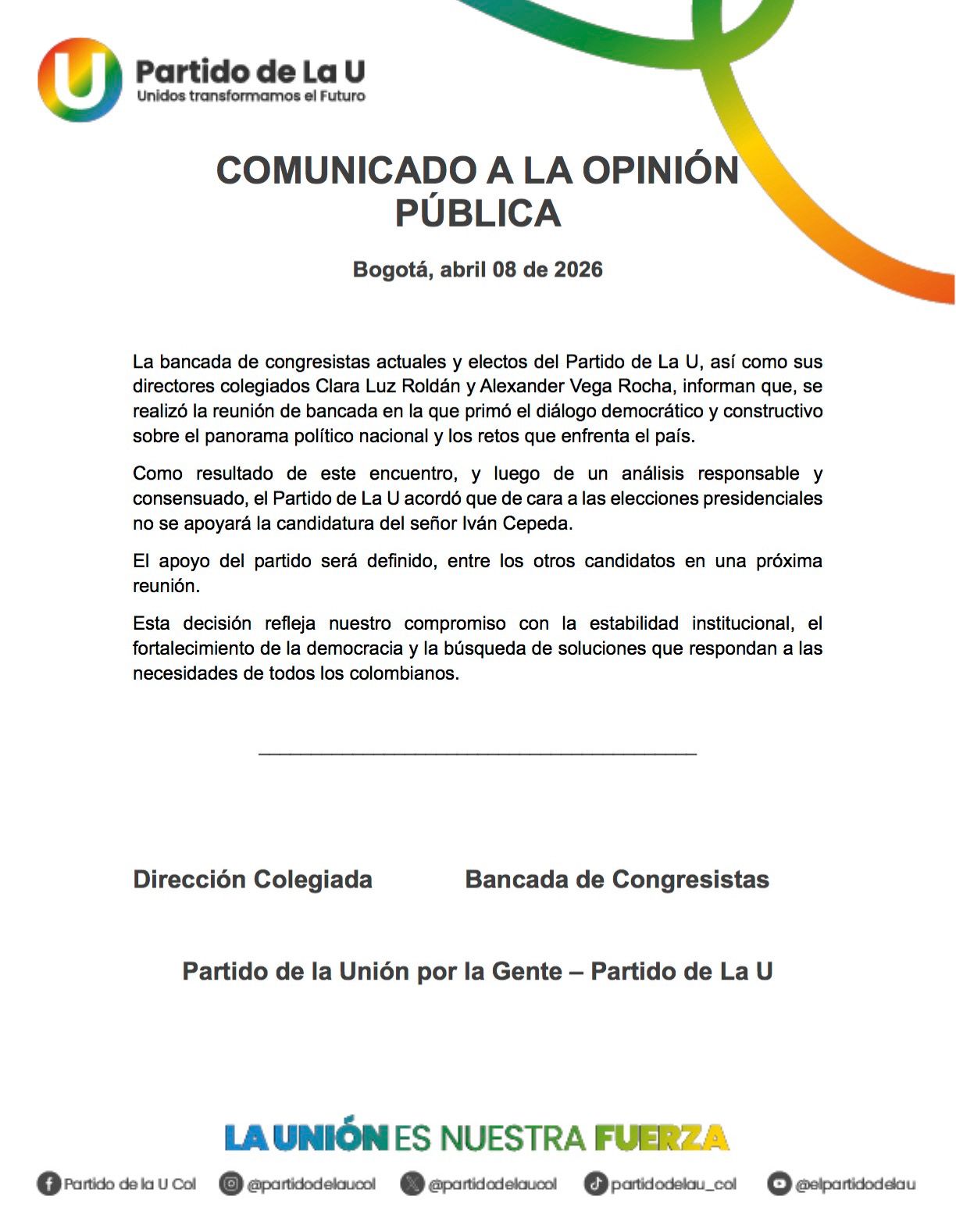 Comunicado a la opinión pública | Abril 8 de 2026