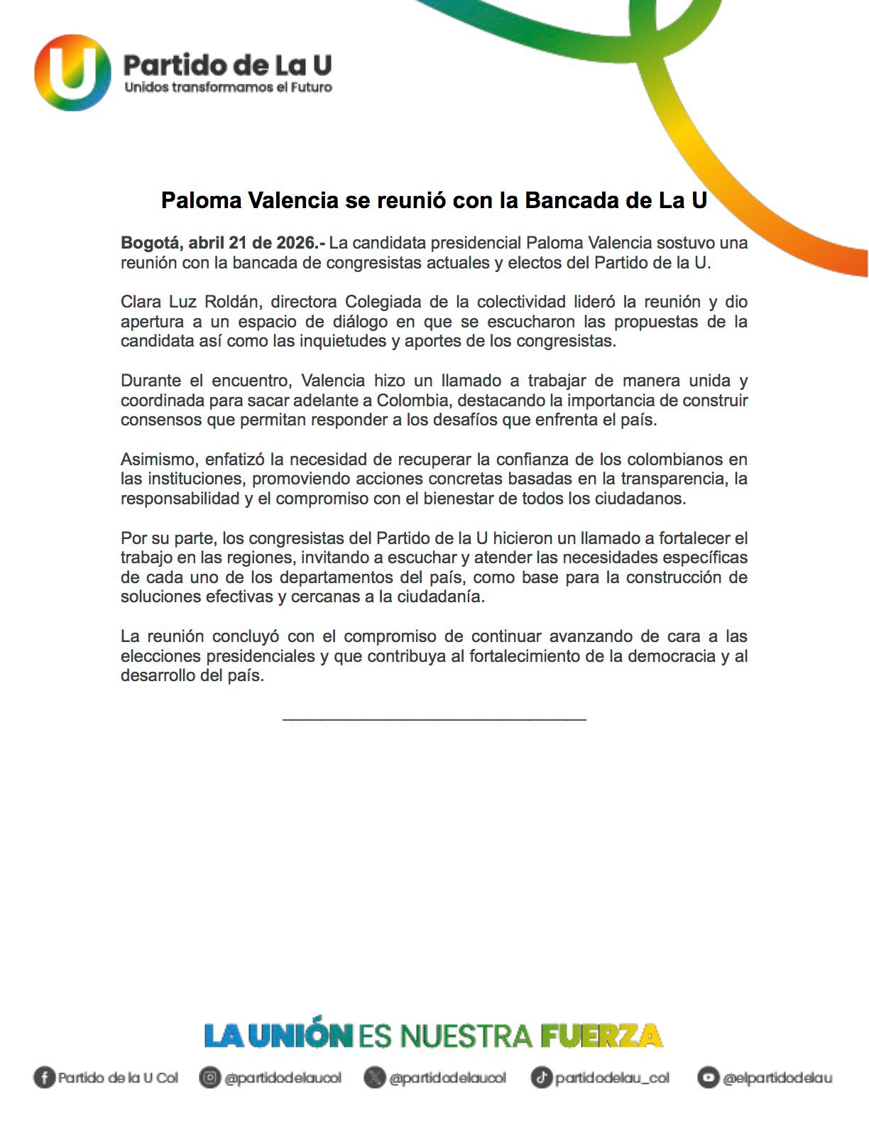 Paloma Valencia se reunió con la Bancada de la U