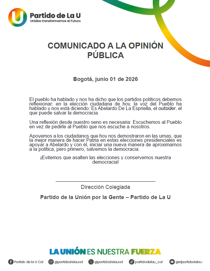 COMUNICADO A LA OPINIÓN PÚBLICA
Bogotá, junio 01 de 2026