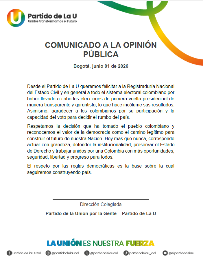 COMUNICADO A LA OPINIÓN PÚBLICA Bogotá, junio 01 de 2026 – 2
