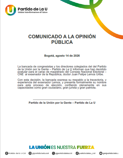 COMUNICADO A LA OPINIÓN PÚBLICA Bogotá, agosto 14 de 2026